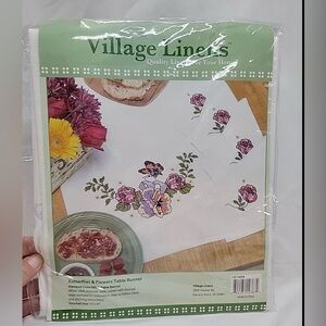 Village Linens Butterfly & Flowers Table Runner 14x44" Cross Stitch New In Pkg